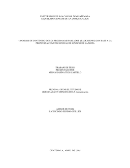 Analisis De Contenido De Los Programas Hablados (Talk Shows) Con Base a La Propuesta Comunicacional De Ignacio De La Mota
