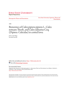 Bionomics of Culex Pipiens Pipiens L., Culex Restuans Theob., and Culex Salinarius Coq