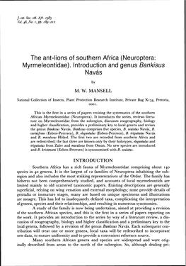 (Neuroptera: Myrmeleontidae). Introduction and Genus Bankisus Navas