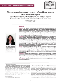 The Corpus Callosum and Recovery of Working Memory After Epilepsy Surgery *1Karen Blackmon, *1Heath R