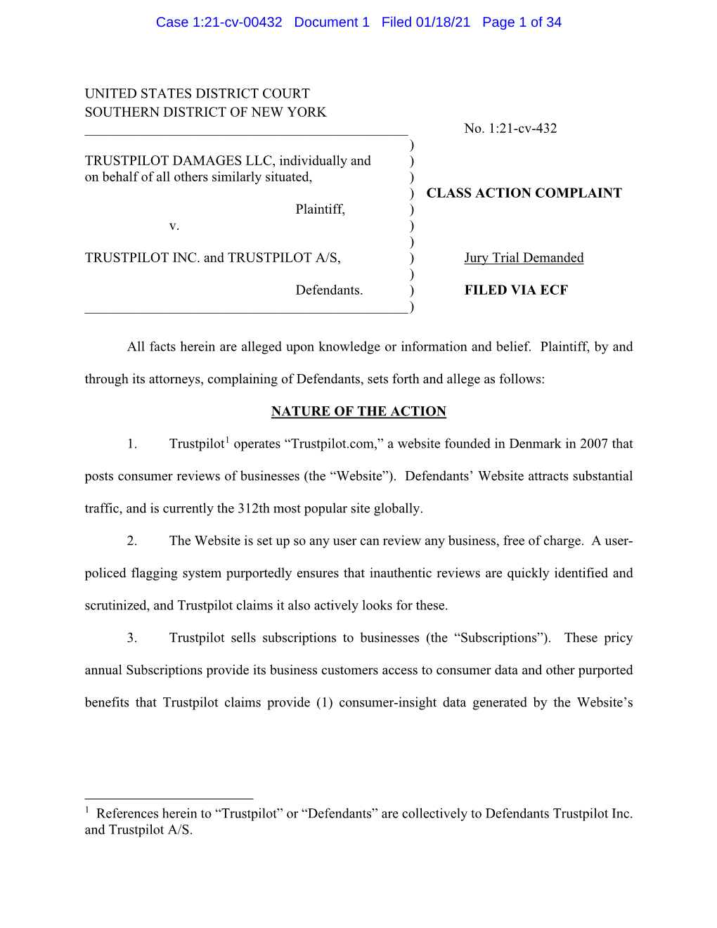 No. 1:21-Cv-432 ) TRUSTPILOT DAMAGES LLC, Individually and ) on Behalf of All Others Similarly Situated, ) ) CLASS ACTION COMPLAINT Plaintiff, ) V