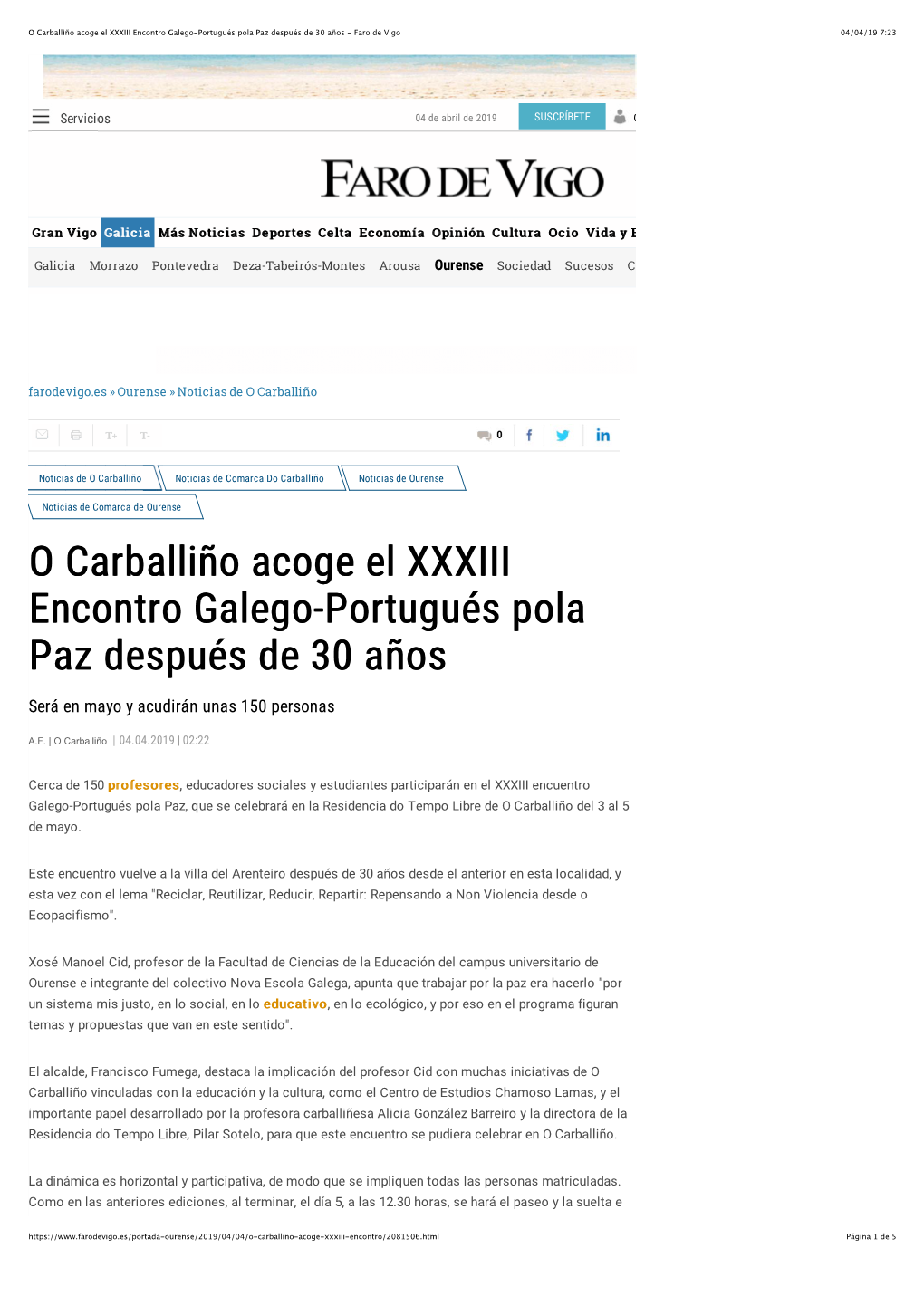 O Carballiño Acoge El XXXIII Encontro Galego-Portugués Pola Paz Después De 30 Años - Faro De Vigo 04/04/19 7:23