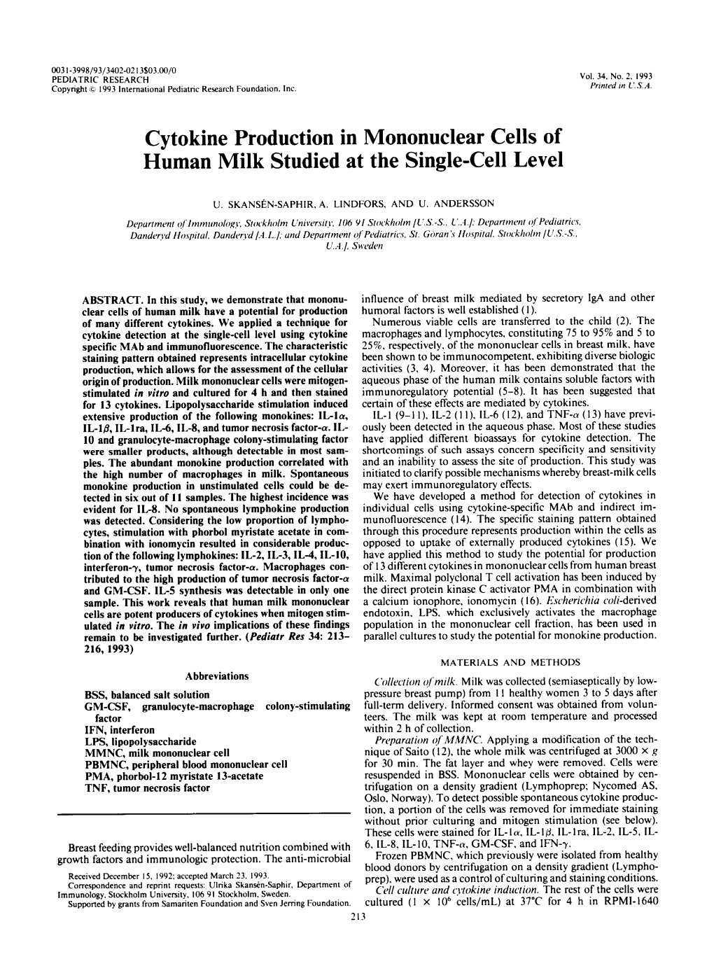 Cytokine Production in Mononuclear Cells of Human Milk Studied at the Single-Cell Level