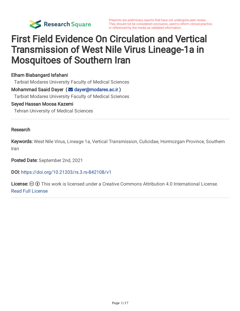 First Field Evidence on Circulation and Vertical Transmission of West Nile Virus Lineage-1A in Mosquitoes of Southern Iran