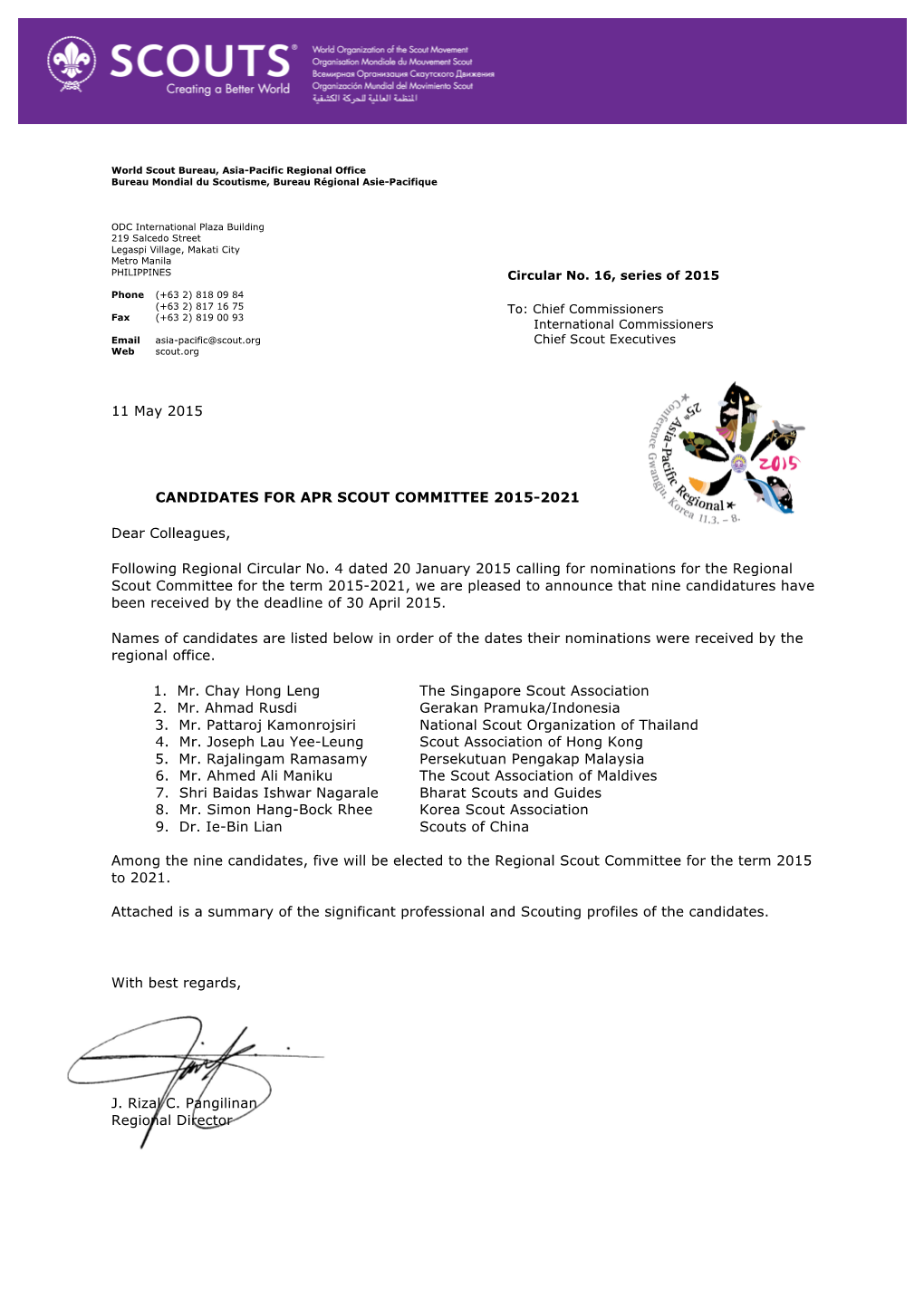 11 May 2015 CANDIDATES for APR SCOUT COMMITTEE 2015-2021