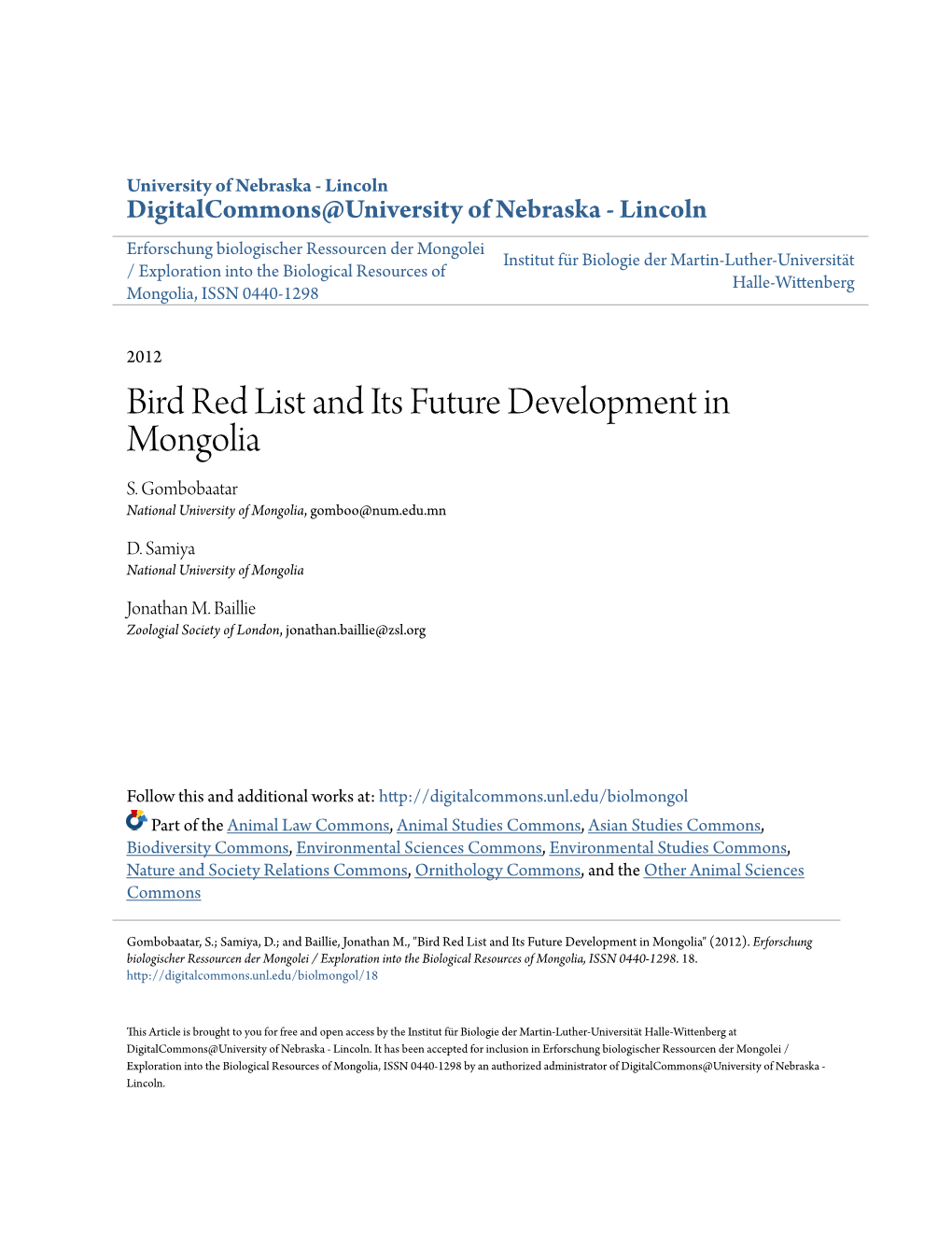 Bird Red List and Its Future Development in Mongolia S