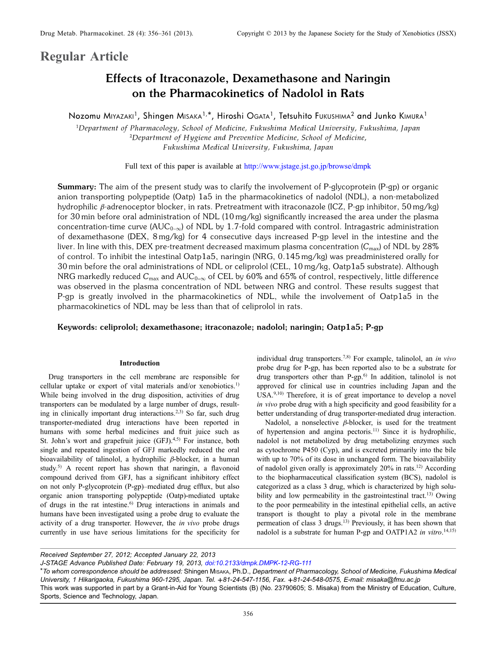 Effects of Itraconazole, Dexamethasone and Naringin on the Pharmacokinetics of Nadolol in Rats