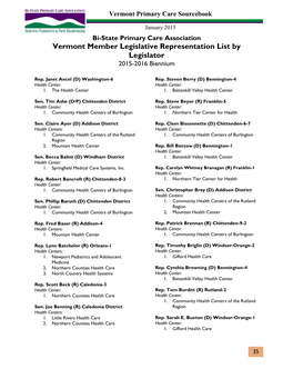 Vermont Member Legislative Representation List by Legislator 2015-2016 Biennium