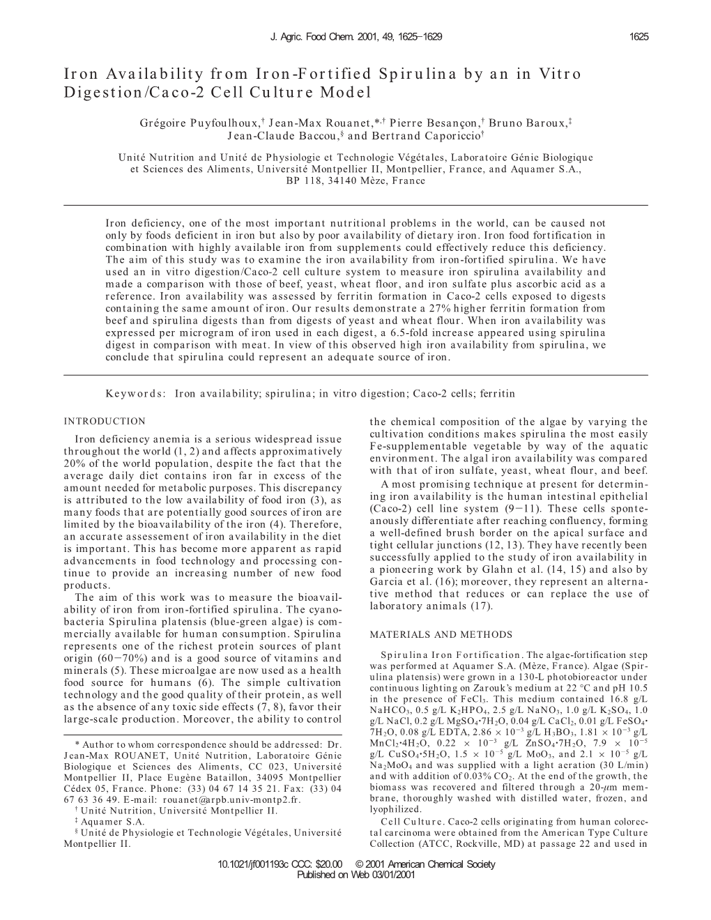 Iron Availability from Iron-Fortified Spirulina by an in Vitro Digestion/Caco-2 Cell Culture Model