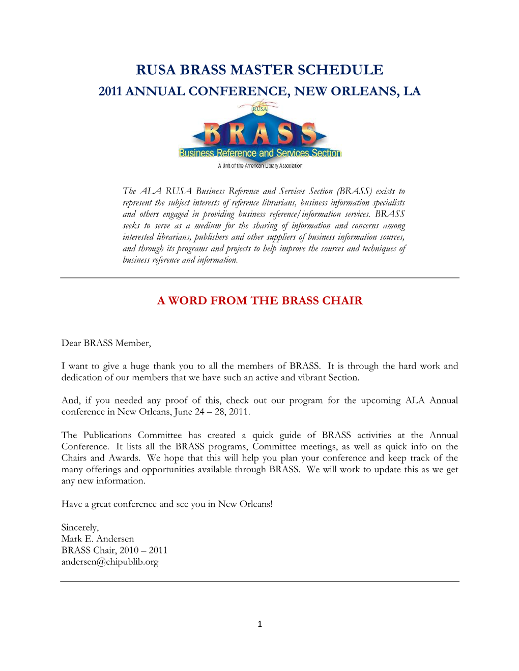 Rusa Brass Master Schedule 2011 Annual Conference, New Orleans, La