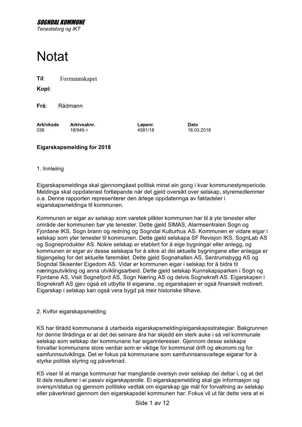 SOGNDAL KOMMUNE Side 1 Av 12 Formannskapet