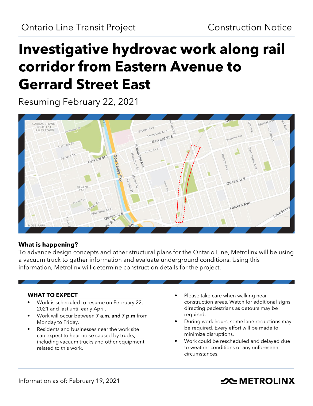 Investigative Hydrovac Work Along Rail Corridor from Eastern Avenue to Gerrard Street East Resuming February 22, 2021