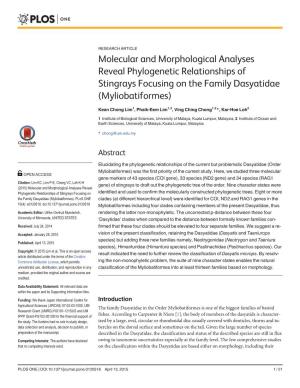 Molecular and Morphological Analyses Reveal Phylogenetic Relationships of Stingrays Focusing on the Family Dasyatidae (Myliobatiformes)