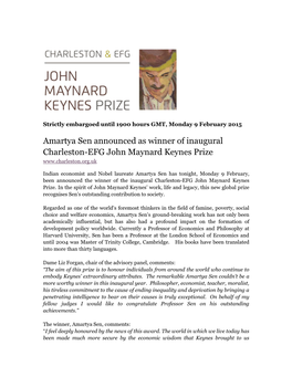 Amartya Sen Announced As Winner of Inaugural Charleston-EFG John Maynard Keynes Prize