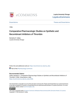 Comparative Pharmacologic Studies on Synthetic and Recombinant Inhibitors of Thrombin