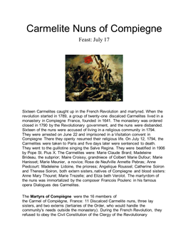 Carmelite Nuns of Compiegne Feast: July 17