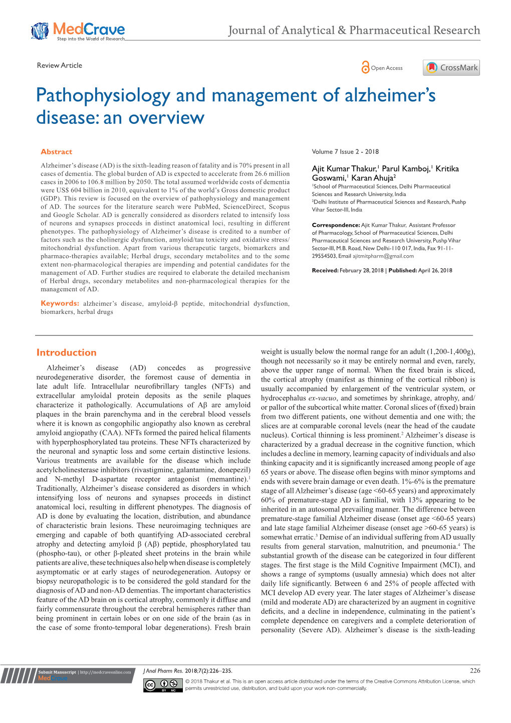 Pathophysiology and Management of Alzheimer's Disease