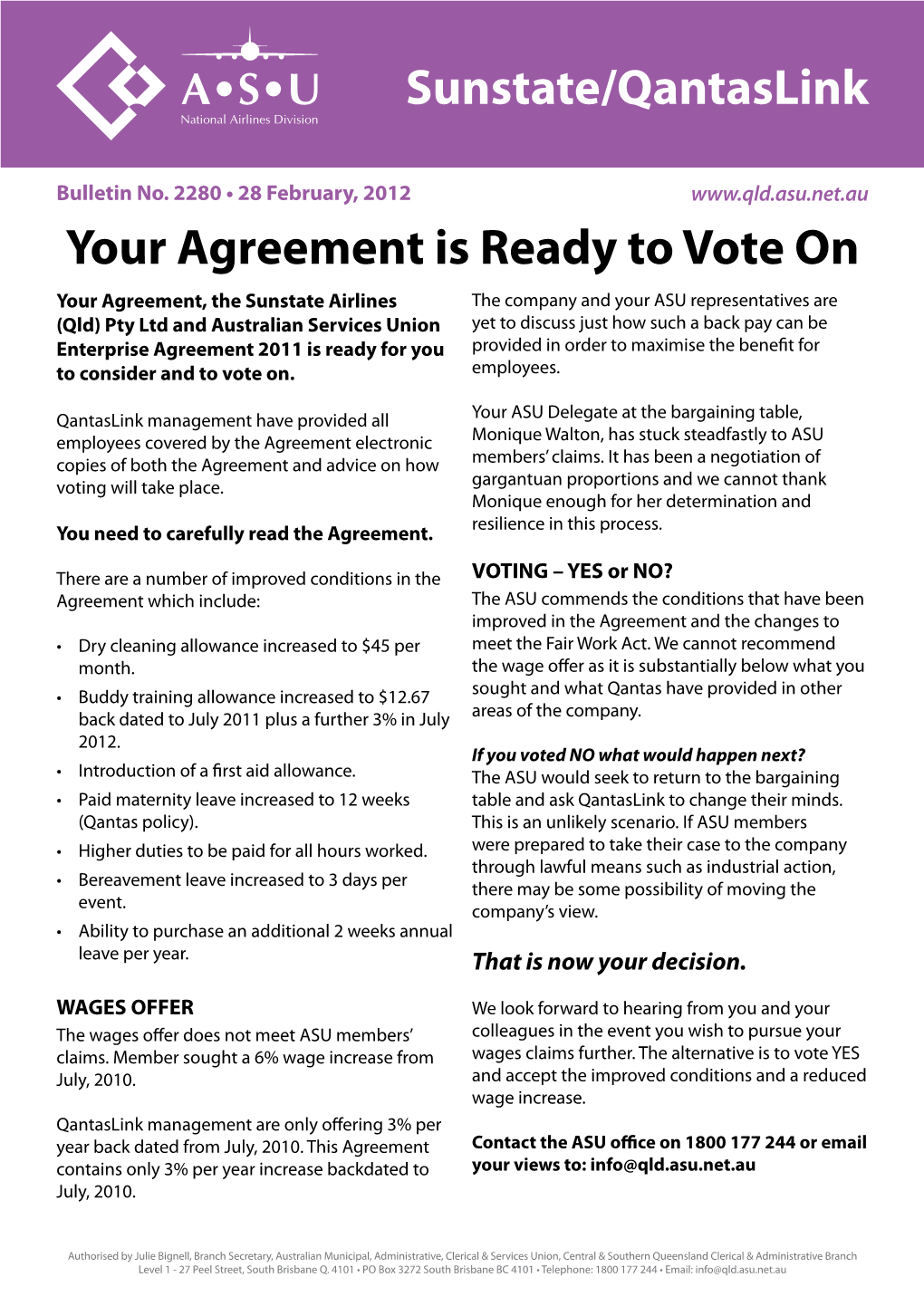 Sunstate/Qantaslink Your Agreement Is Ready to Vote On