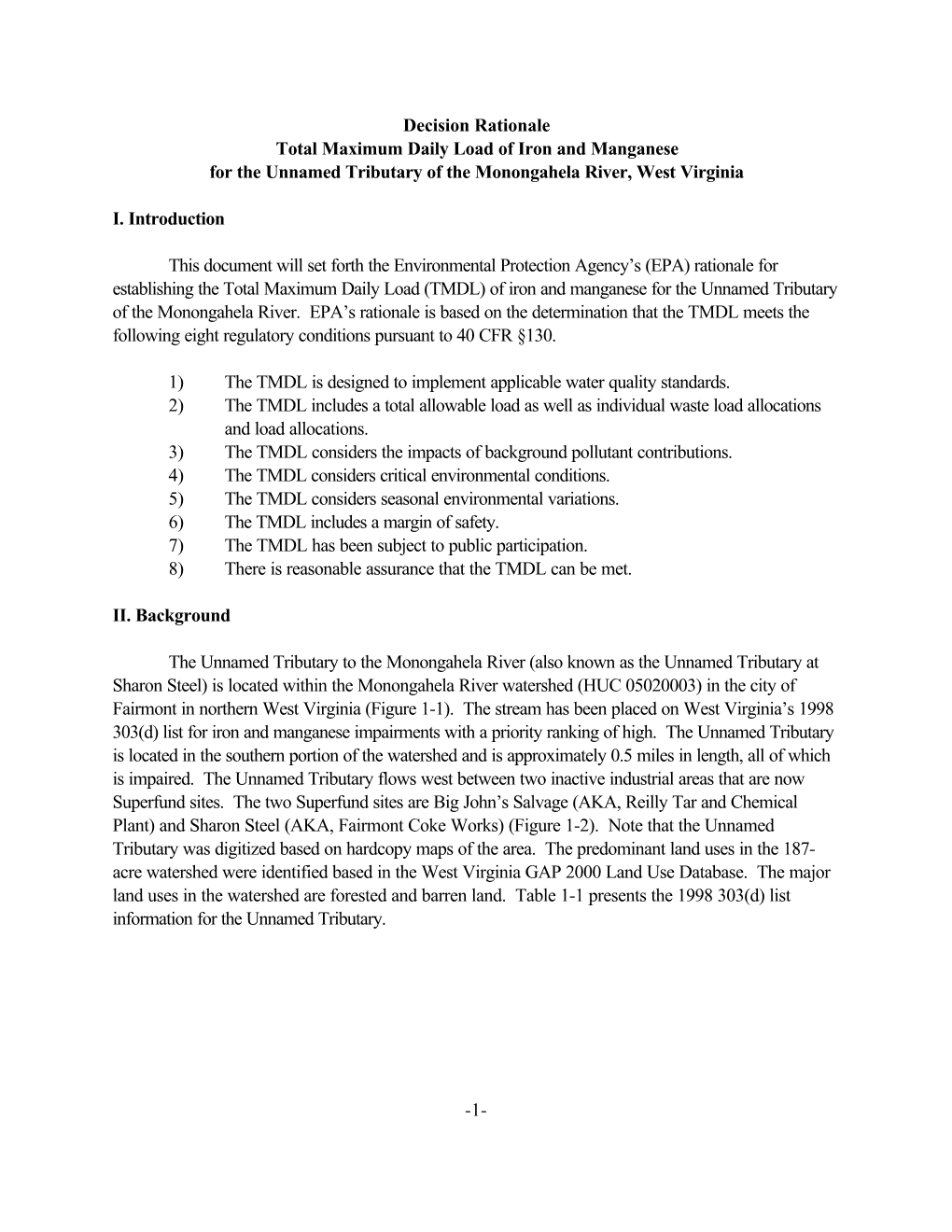 1- Decision Rationale Total Maximum Daily Load of Iron and Manganese