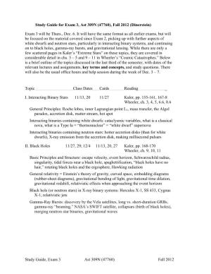 Study Guide, Exam 3 Ast 309N (47760) Fall 2012 Study Guide For