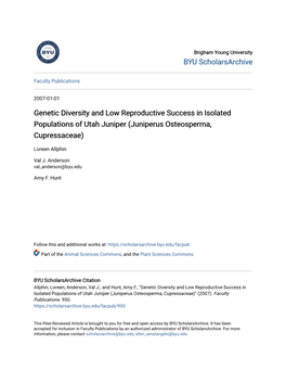 Genetic Diversity and Low Reproductive Success in Isolated Populations of Utah Juniper (Juniperus Osteosperma, Cupressaceae)