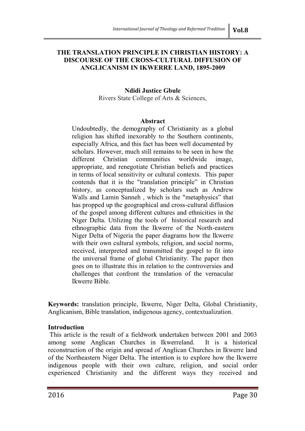 The Translation Principle in Christian History: a Discourse of the Cross-Cultural Diffusion of Anglicanism in Ikwerre Land, 1895-2009