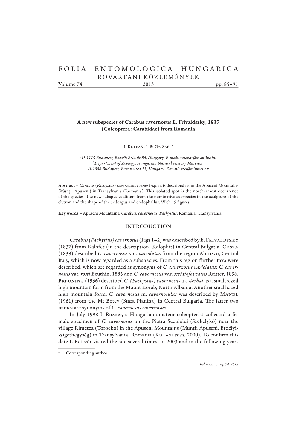 FOLIA ENTOMOLOGICA HUNGARICA ROVARTANI KÖZLEMÉNYEK Volume 74 2013 Pp