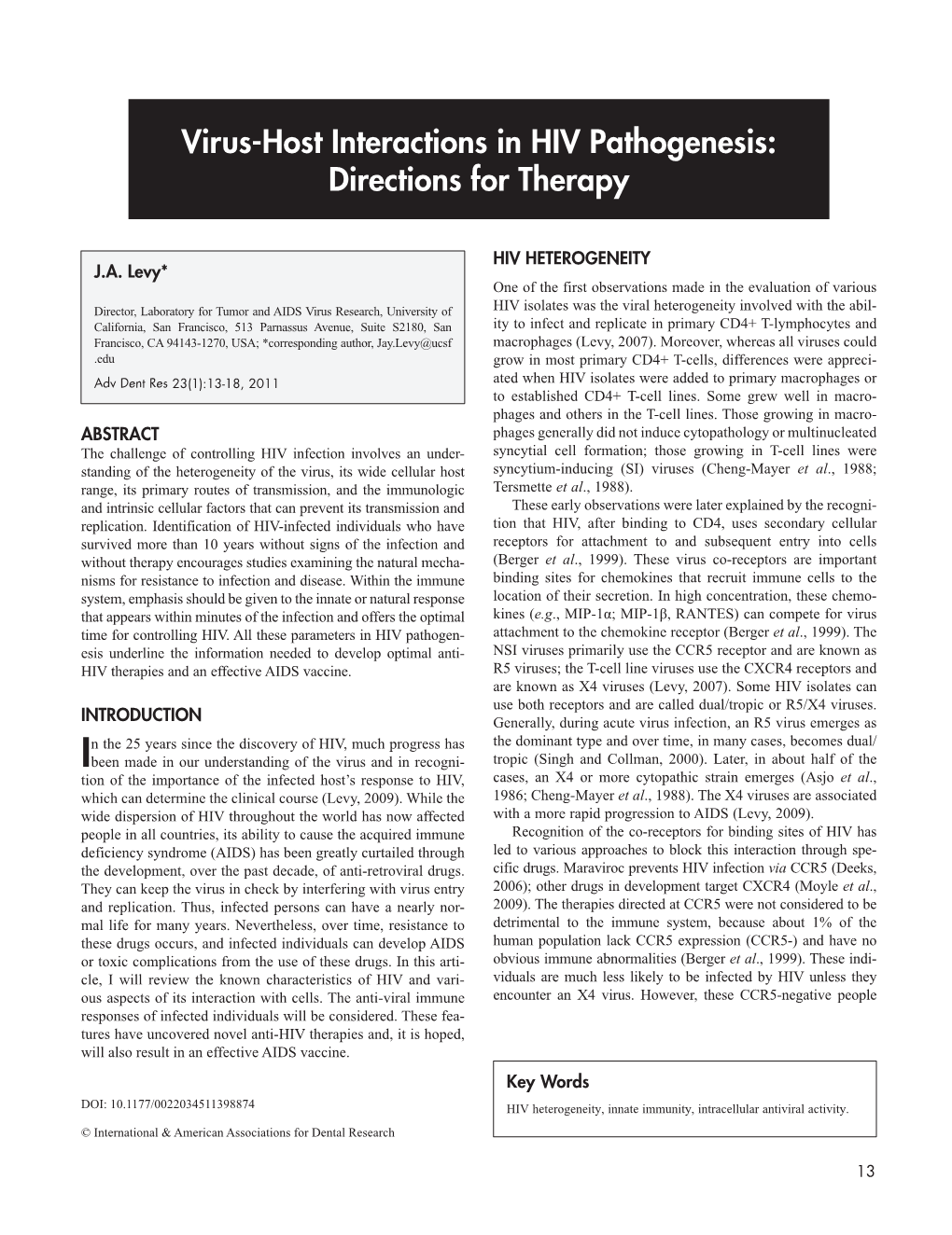 Virus-Host Interactions in HIV Pathogenesis: Directions for Therapy
