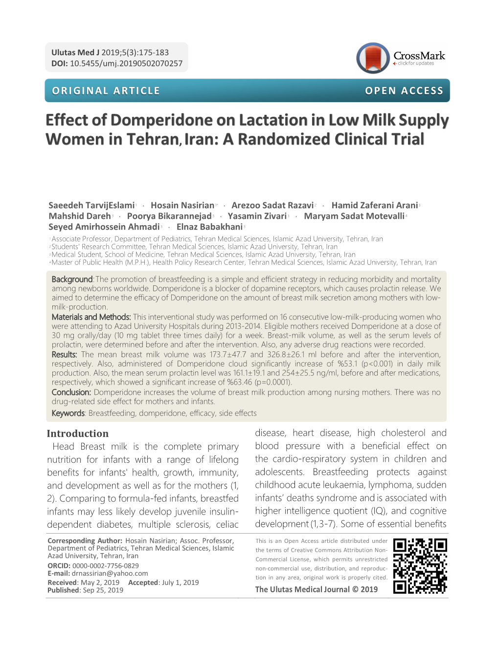 Effect of Domperidone on Lactation in Low Milk Supply Women in Tehran, Iran: a Randomized Clinical Trial