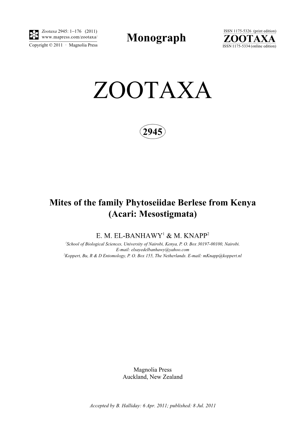 Mites of the Family Phytoseiidae Berlese from Kenya (Acari: Mesostigmata)