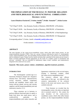 THE IMPLICATION of TMJ MUSCLE in POSTURE RELATION and THEM ,BIOLOGICAL and FUNCTIONAL CORRELATION - Literature Review