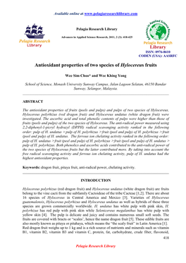 Antioxidant Properties of Two Species of Hylocereus Fruits