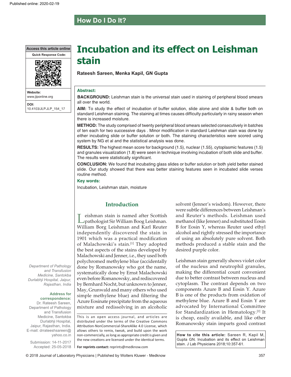 Incubation and Its Effect on Leishman Stain Rateesh Sareen, Menka Kapil, GN Gupta
