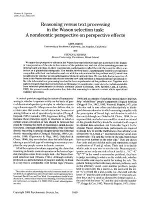 Reasoning Versus Text Processing in the Wason Selection Task: a Nondeontic Perspective on Perspective Effects