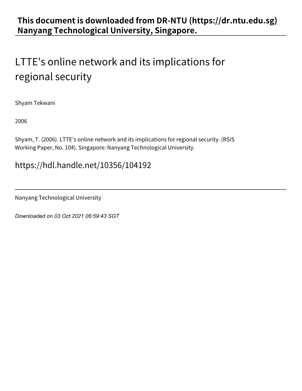 LTTE's Online Network and Its Implications for Regional Security
