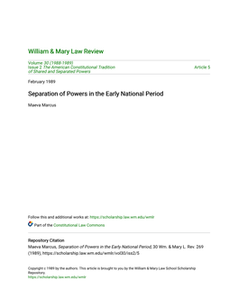 Separation of Powers in the Early National Period