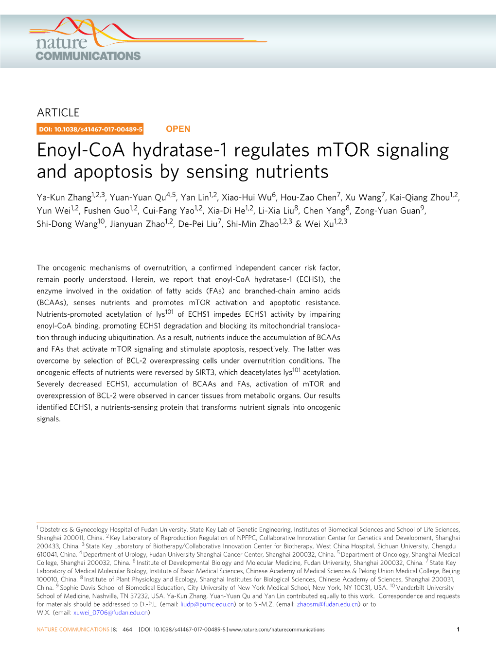 Enoyl-Coa Hydratase-1 Regulates Mtor Signaling and Apoptosis by Sensing Nutrients