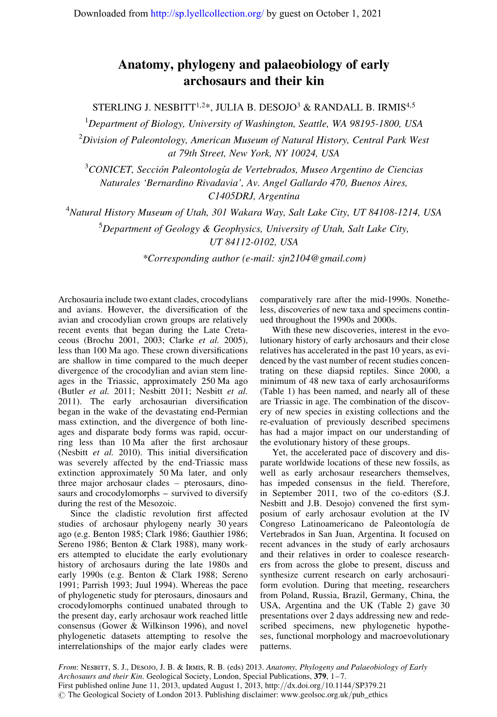 Anatomy, Phylogeny and Palaeobiology of Early Archosaurs and Their Kin