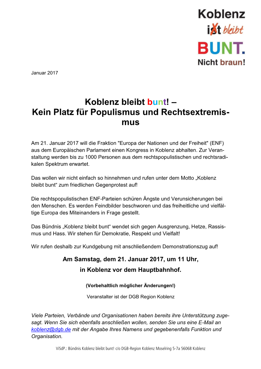 Koblenz Bleibt Bunt! – Kein Platz Für Populismus Und Rechtsextremis- Mus