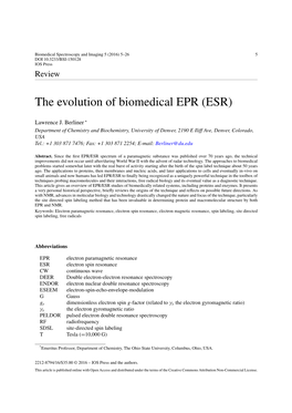 The Evolution of Biomedical EPR (ESR)