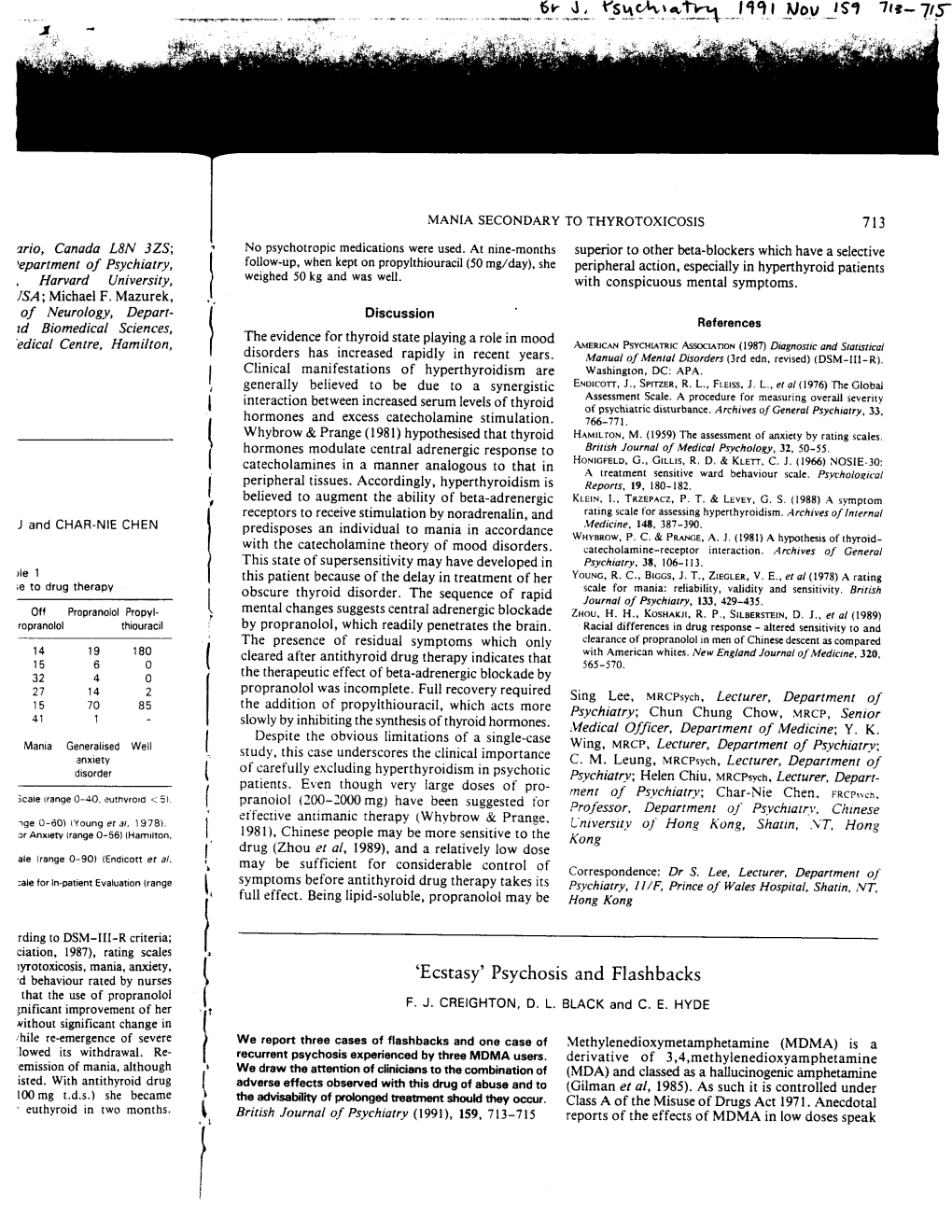 'Ecstasy' Psychosis and Flashbacks That the Use of Propranolol F.J