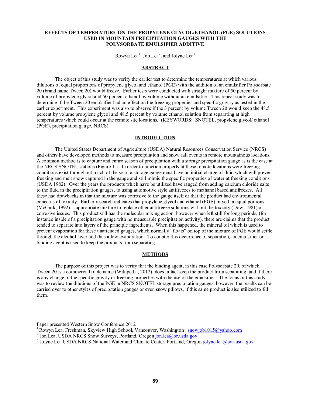 Effects of Temperature on the Propylene Glycol/Ethanol (Pge) Solutions Used in Mountain Precipitation Gauges with the Polysorbate Emulsifier Additive