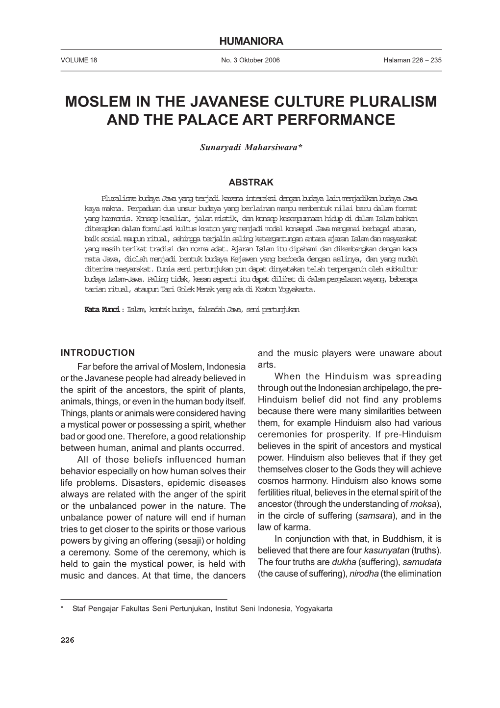 Moslem in the Javanese Culture Pluralism and the Palace Art Performance