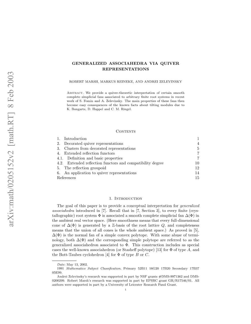 Arxiv:Math/0205152V2 [Math.RT] 8 Feb 2003 Oeo ()I Eeae Ya by Generated Ev Is That Means ∆(Φ) Smoothness of Simplicial (Here Complete Cone Space