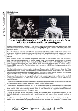 Opera Australia Launches Free Online Streaming Platform with Joan Sutherland in the Starring Role