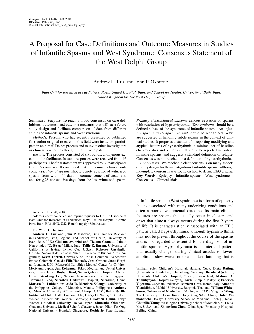 A Proposal for Case Definitions and Outcome Measures in Studies of Infantile Spasms and West Syndrome: Consensus Statement of the West Delphi Group