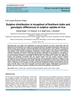 Sulphur Distribution in Inceptisol of Northern India and Genotypic Differences in Sulphur Uptake of Rice