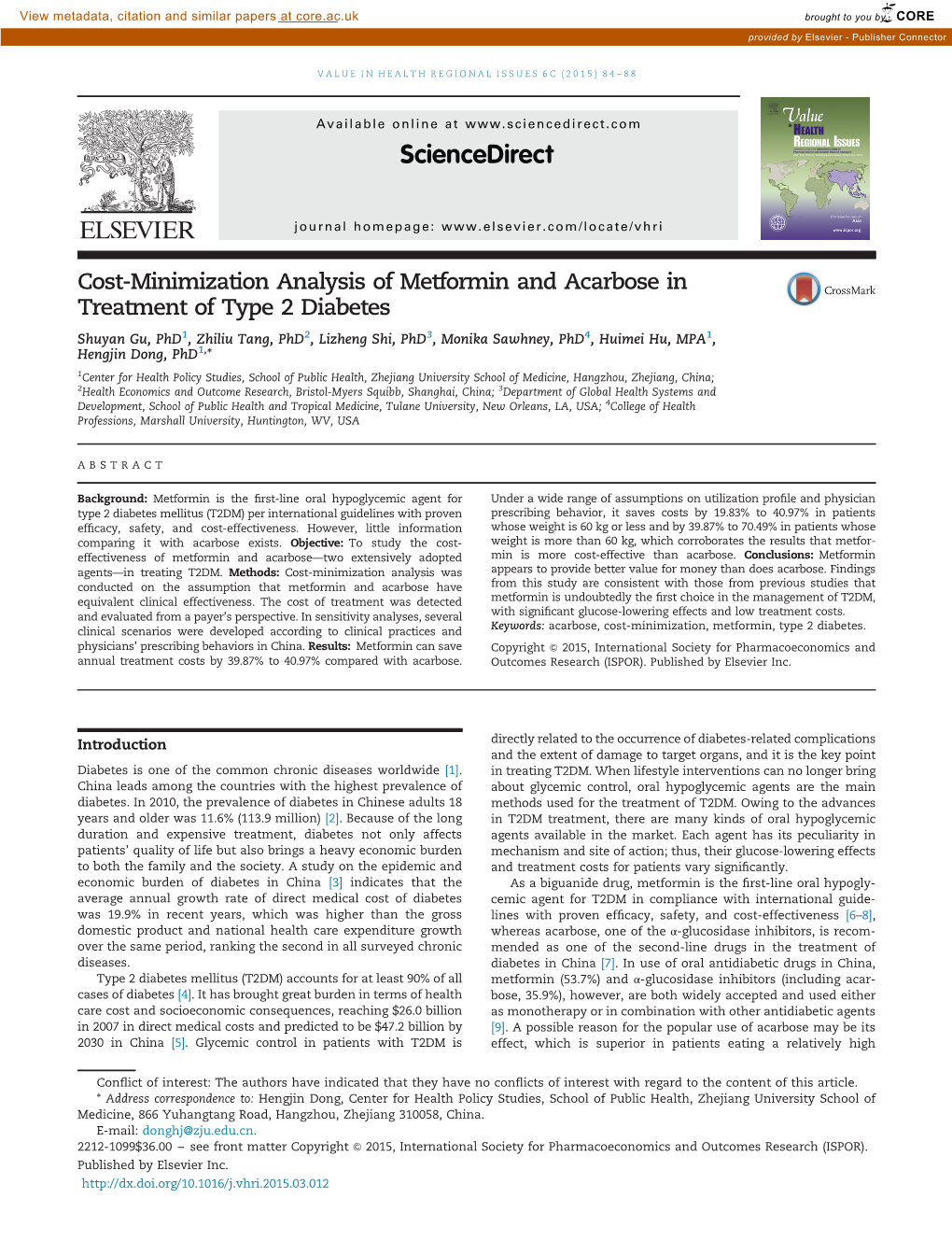 Cost-Minimization Analysis of Metformin and Acarbose In