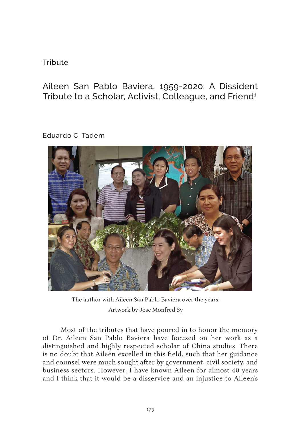 Aileen San Pablo Baviera, 1959-2020: a Dissident Tribute to a Scholar, Activist, Colleague, and Friend1