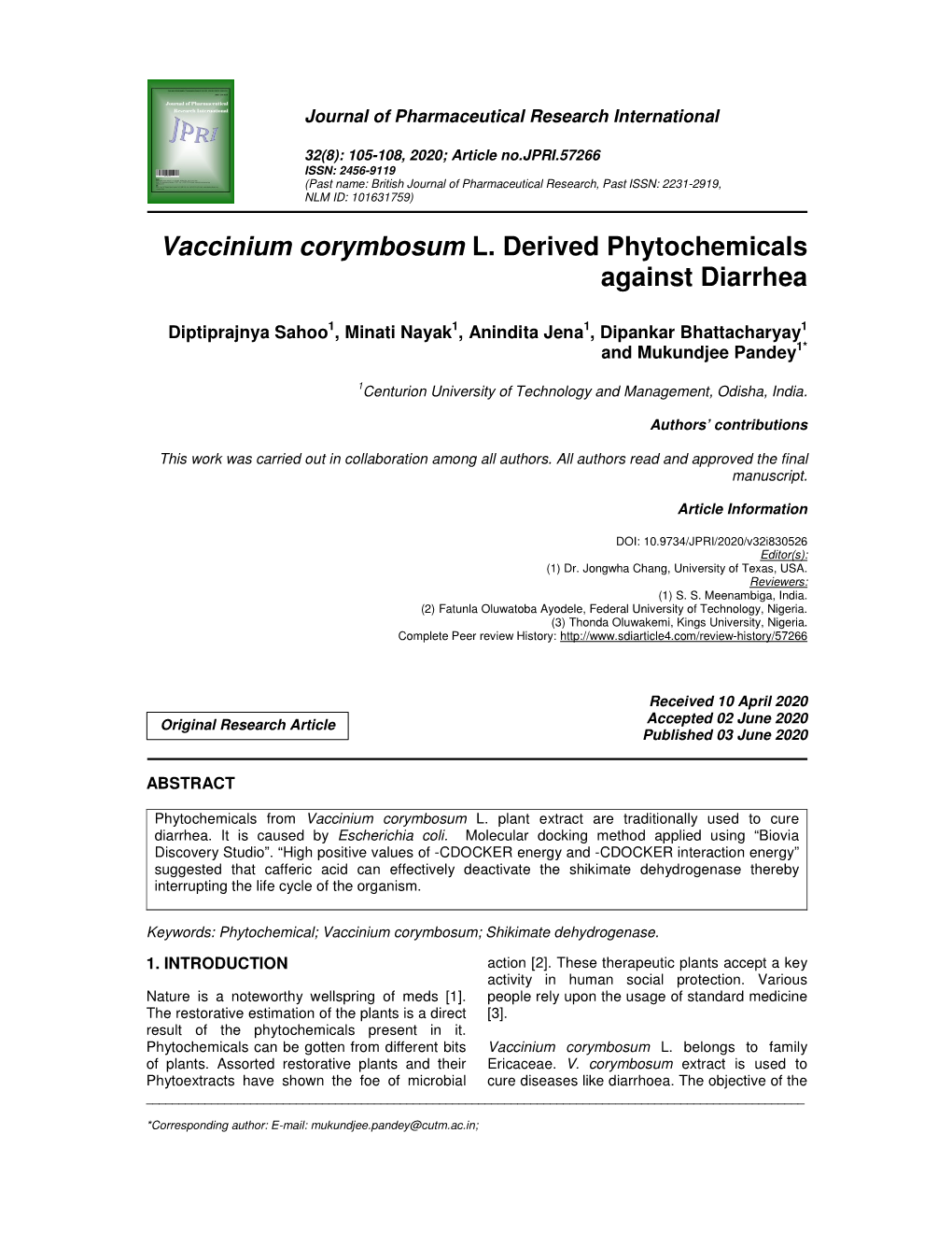 Vaccinium Corymbosum L. Derived Phytochemicals Against Diarrhea